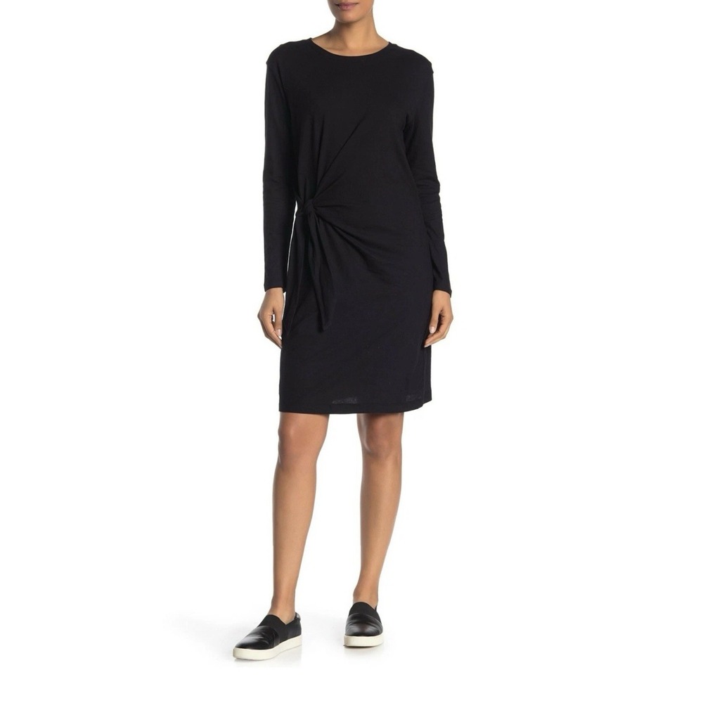 Vince Side Tie Cotton Mini Dress M Black Long Sleeve Knit Minimalist‎ NWT $195